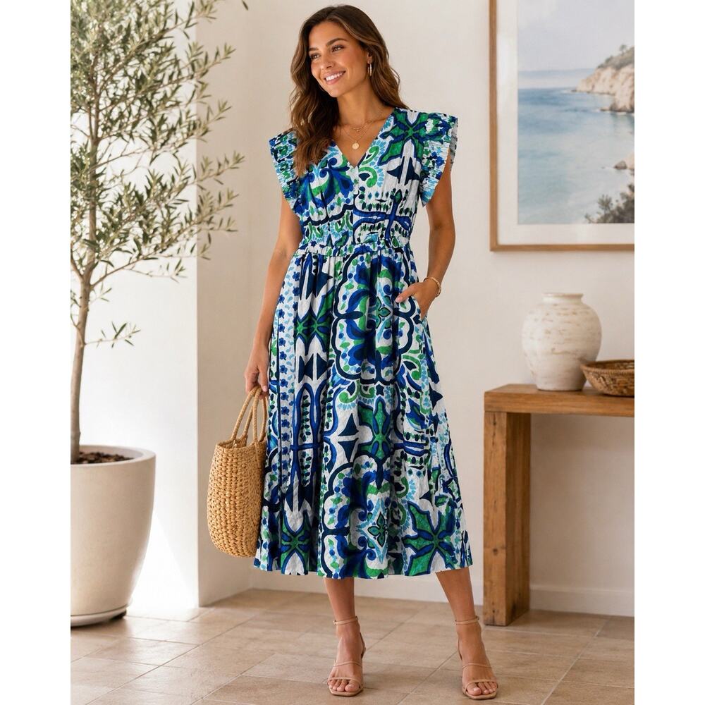 Current Air Blue Green White Geometric V-Neck Midi Dress Pockets Ruffle S